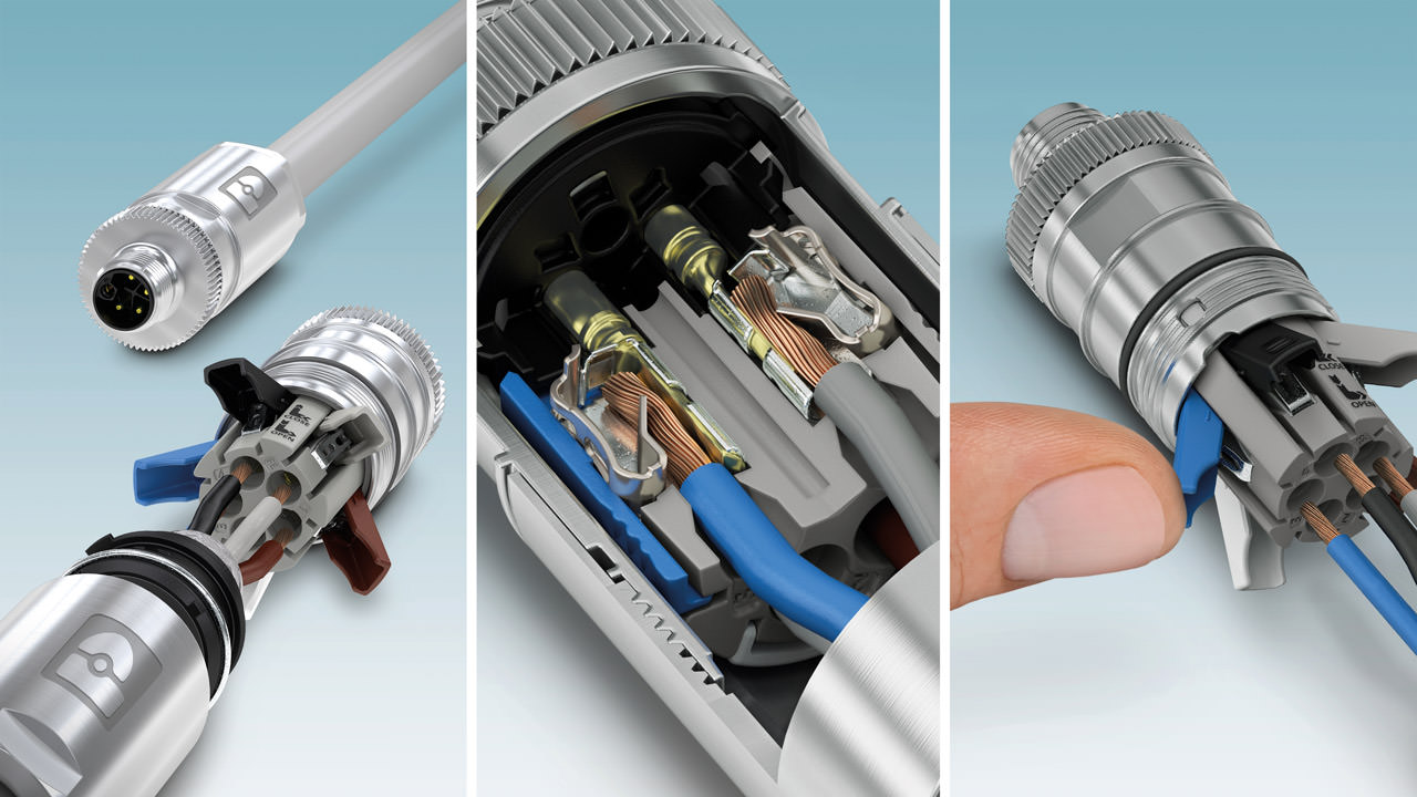 The M12 connector with Push-Lock connection combines Push-in technology and actuation lever for a simple and long-term stable conductor connection.