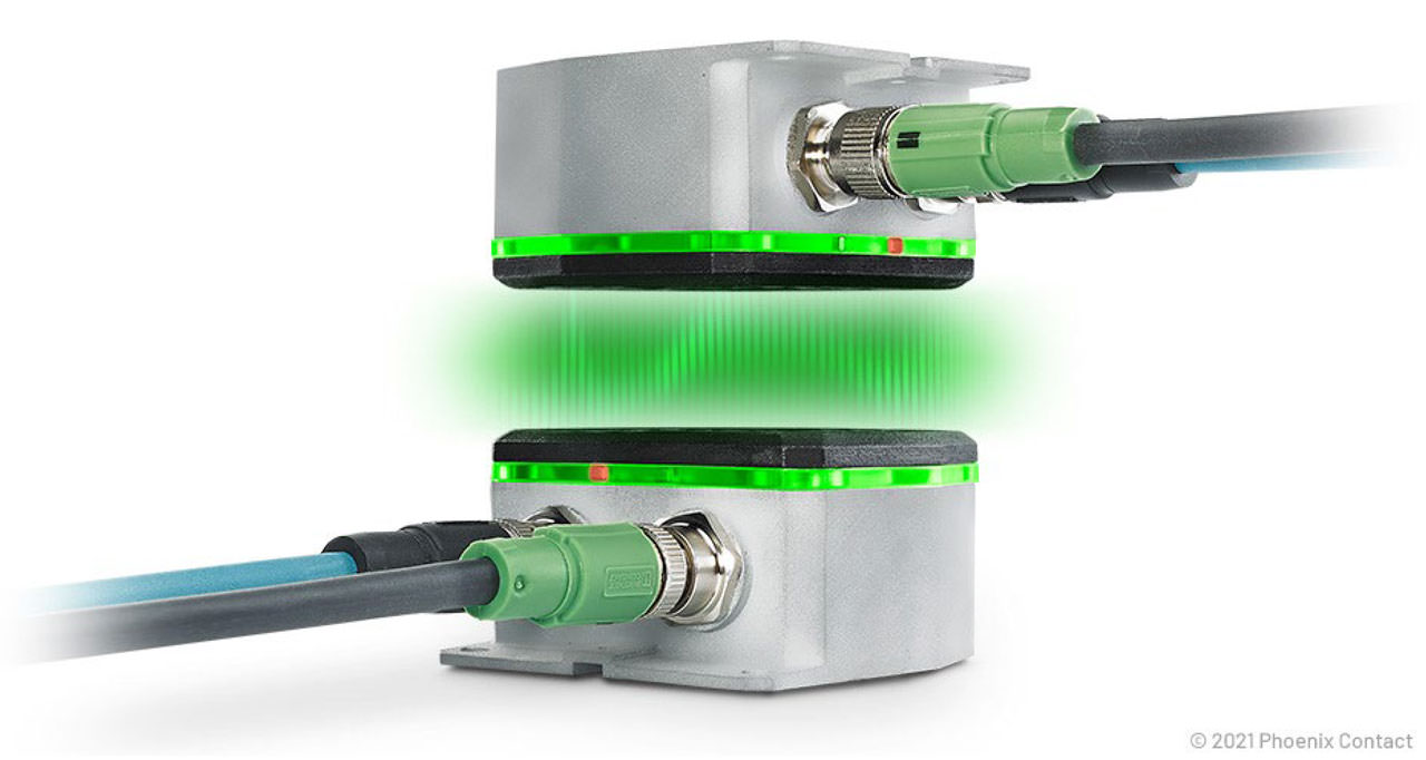 Wireless connectors envisioned by Phoenix Contact are contactless and never touch. Unlike conventional connector solutions, the couplers can be routed to each other from any direction or in rotation. The most significant cost savings result from a reduction of unpredictable production down times.